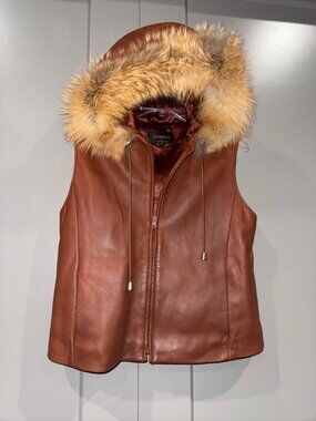 Women's Damselle Leather Vest Lined, Fur Trim Hood Full-Zip Black Sz Small